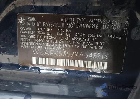 2009 BMW 328I xDrive из США, поврежденный, VIN WBAPK53599A645716